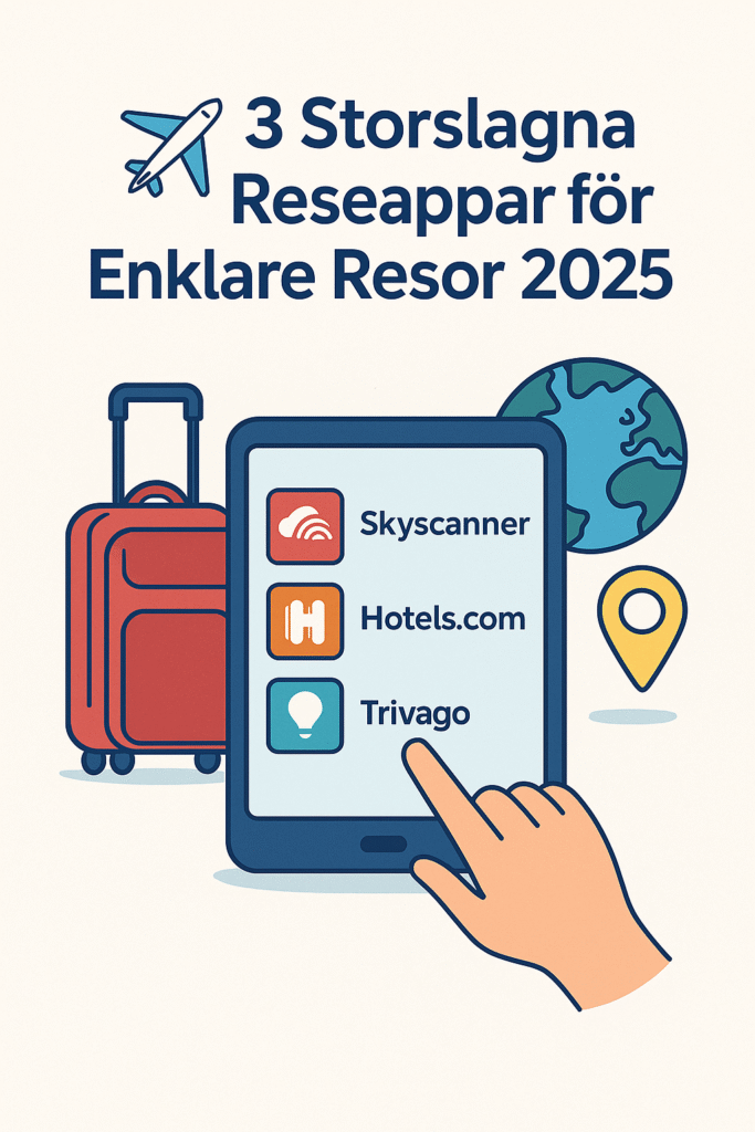 Illustration av tre reseappar 2025 – Skyscanner, Hotels.com och Trivago – med resesymboler som flygplan, resväska och karta.